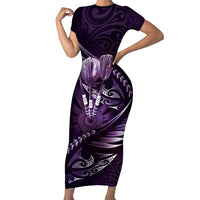 Personalised All Purple New Zealand Darts Family Matching Short Sleeve Bodycon Dress and Hawaiian Shirt Aoteroa Fern Maori Galaxy Style LT14 Mom's Dress Purple - Polynesian Pride