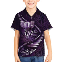 Personalised All Purple New Zealand Darts Family Matching Short Sleeve Bodycon Dress and Hawaiian Shirt Aoteroa Fern Maori Galaxy Style LT14 Son's Shirt Purple - Polynesian Pride