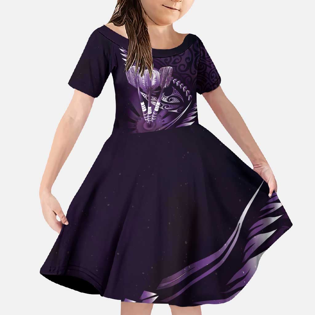 Personalised All Purple New Zealand Darts Family Matching Summer Maxi Dress and Hawaiian Shirt Aoteroa Fern Maori Galaxy Style LT14 Daughter's Dress Purple - Polynesian Pride