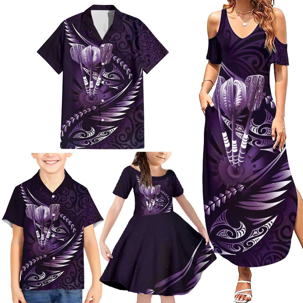 Personalised All Purple New Zealand Darts Family Matching Summer Maxi Dress and Hawaiian Shirt Aoteroa Fern Maori Galaxy Style LT14 - Polynesian Pride