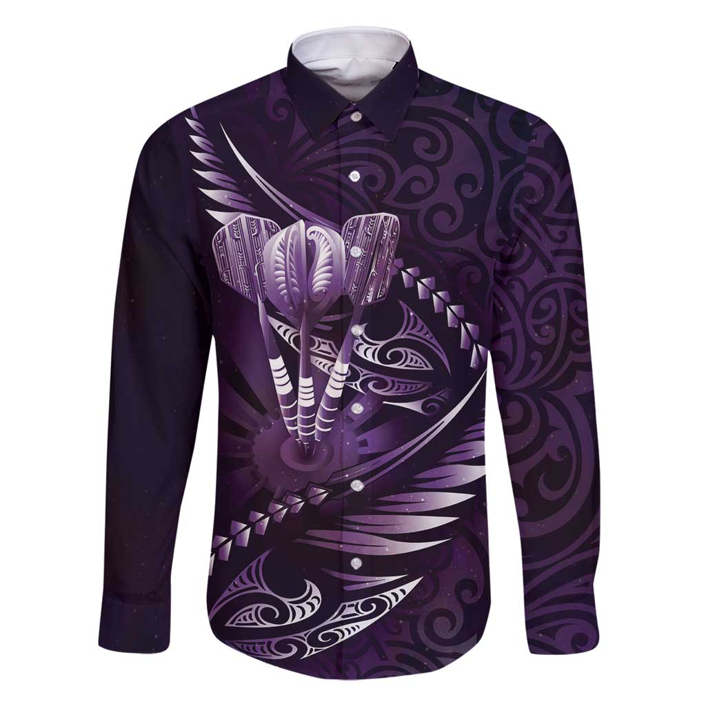 Personalised All Purple New Zealand Darts Family Matching Tank Maxi Dress and Hawaiian Shirt Aoteroa Fern Maori Galaxy Style LT14 Dad's Shirt - Long Sleeve Purple - Polynesian Pride