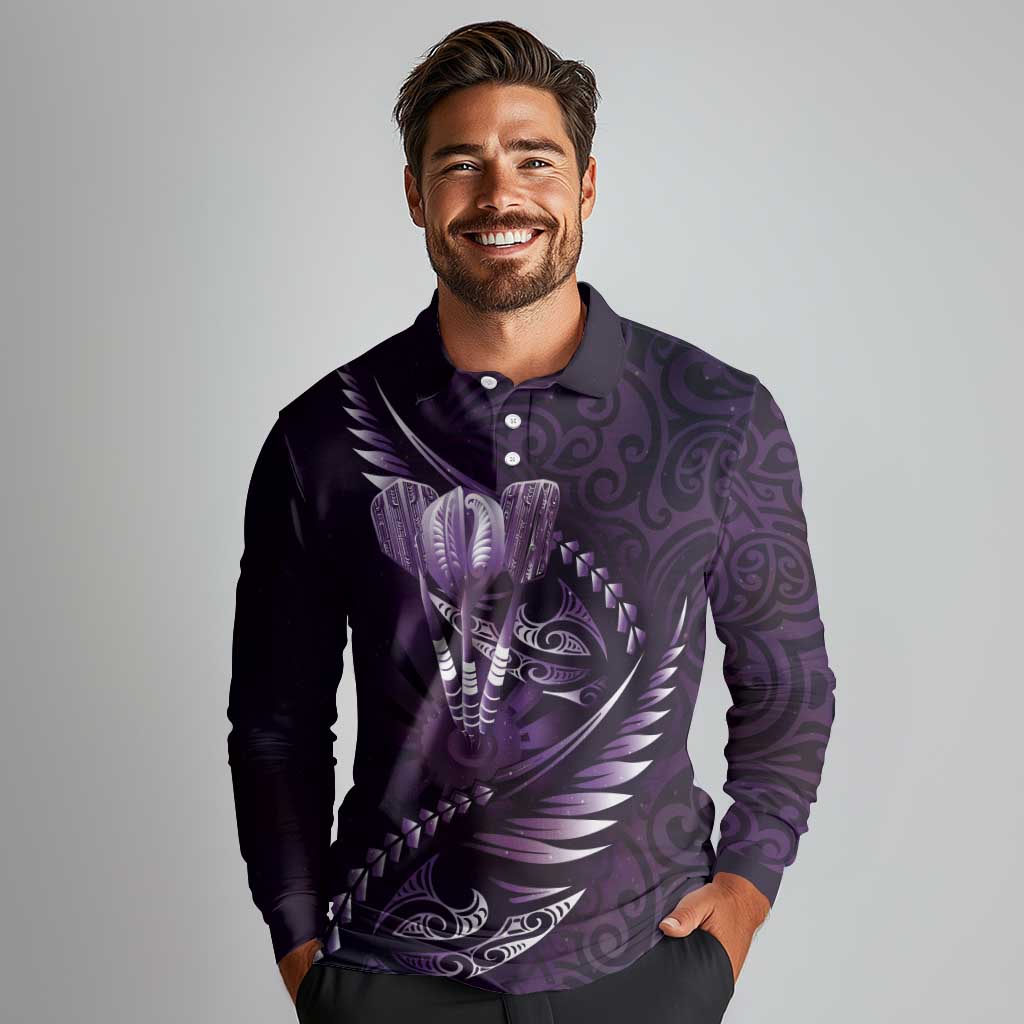 Personalised All Purple New Zealand Darts Long Sleeve Polo Shirt Aoteroa Fern Maori Galaxy Style