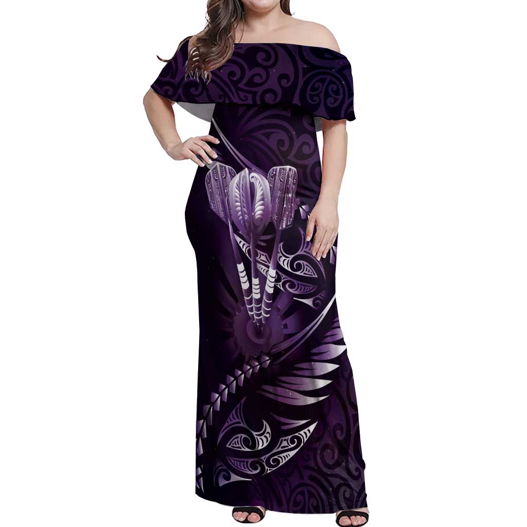 Personalised All Purple New Zealand Darts Off Shoulder Maxi Dress Aoteroa Fern Maori Galaxy Style