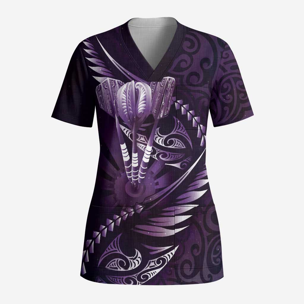 Personalised All Purple New Zealand Darts Scrub Top Aoteroa Fern Maori Galaxy Style - Polynesian Pride