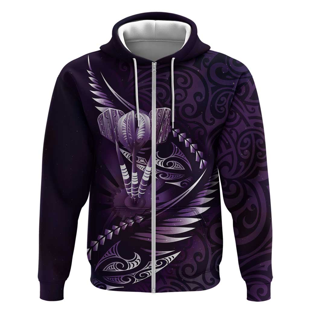 Personalised All Purple New Zealand Darts Zip Hoodie Aoteroa Fern Maori Galaxy Style LT14 Zip Hoodie Purple - Polynesian Pride