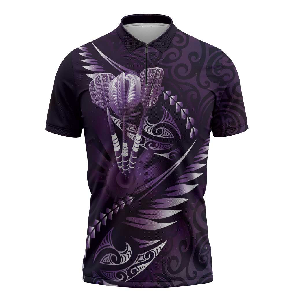 Personalised All Purple New Zealand Darts Zipper Polo Shirt Aoteroa Fern Maori Galaxy Style LT14 Purple - Polynesian Pride