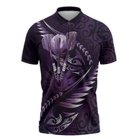 Personalised All Purple New Zealand Darts Zipper Polo Shirt Aoteroa Fern Maori Galaxy Style LT14 Purple - Polynesian Pride