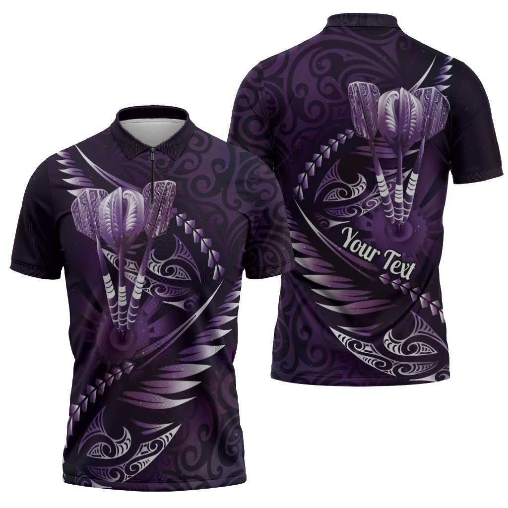 Personalised All Purple New Zealand Darts Zipper Polo Shirt Aoteroa Fern Maori Galaxy Style LT14 - Polynesian Pride