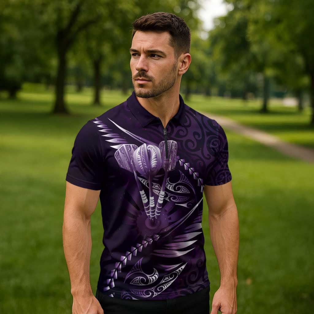 Personalised All Purple New Zealand Darts Zipper Polo Shirt Aoteroa Fern Maori Galaxy Style LT14 - Polynesian Pride