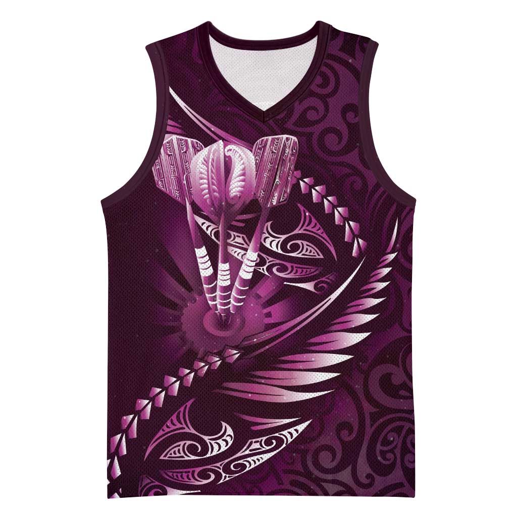 Personalised All Pink New Zealand Darts Basketball Jersey Aoteroa Fern Maori Galaxy Style LT14 Unisex Pink - Polynesian Pride