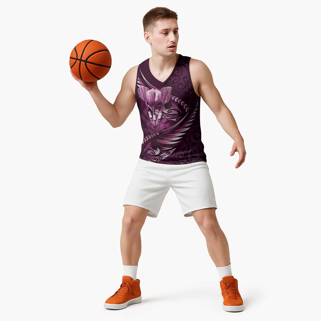 Personalised All Pink New Zealand Darts Basketball Jersey Aoteroa Fern Maori Galaxy Style LT14 - Polynesian Pride