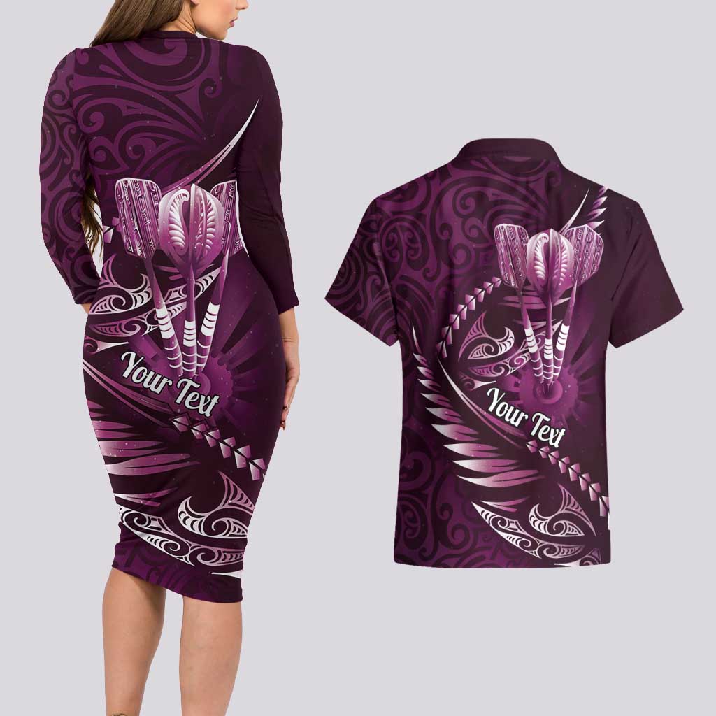 Personalised All Pink New Zealand Darts Couples Matching Long Sleeve Bodycon Dress and Hawaiian Shirt Aoteroa Fern Maori Galaxy Style LT14 - Polynesian Pride