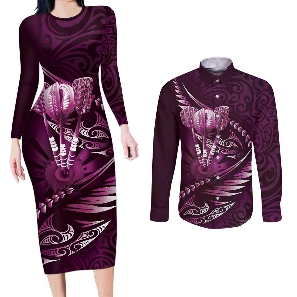 Personalised All Pink New Zealand Darts Couples Matching Long Sleeve Bodycon Dress and Long Sleeve Button Shirt Aoteroa Fern Maori Galaxy Style LT14 Pink - Polynesian Pride