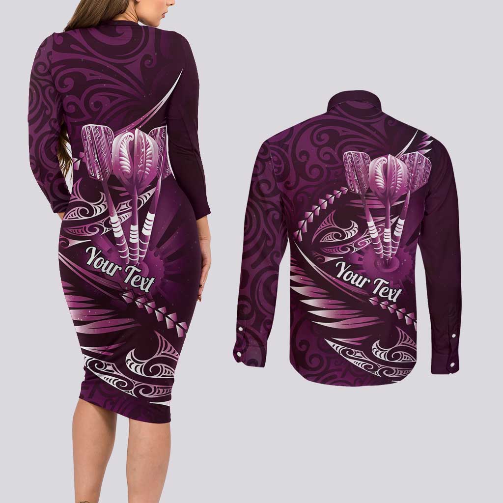 Personalised All Pink New Zealand Darts Couples Matching Long Sleeve Bodycon Dress and Long Sleeve Button Shirt Aoteroa Fern Maori Galaxy Style LT14 - Polynesian Pride