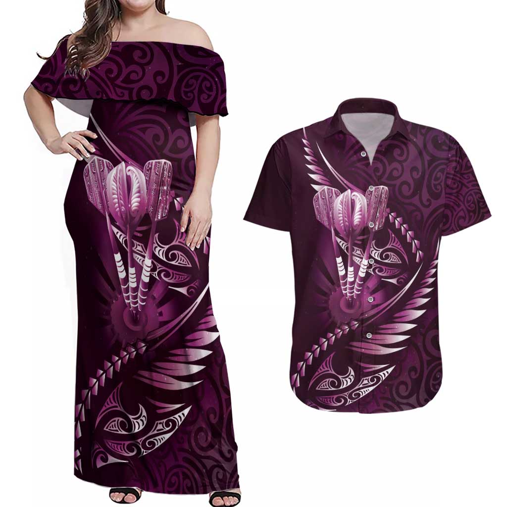 Personalised All Pink New Zealand Darts Couples Matching Off Shoulder Maxi Dress and Hawaiian Shirt Aoteroa Fern Maori Galaxy Style LT14 Pink - Polynesian Pride