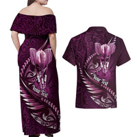 Personalised All Pink New Zealand Darts Couples Matching Off Shoulder Maxi Dress and Hawaiian Shirt Aoteroa Fern Maori Galaxy Style LT14 - Polynesian Pride