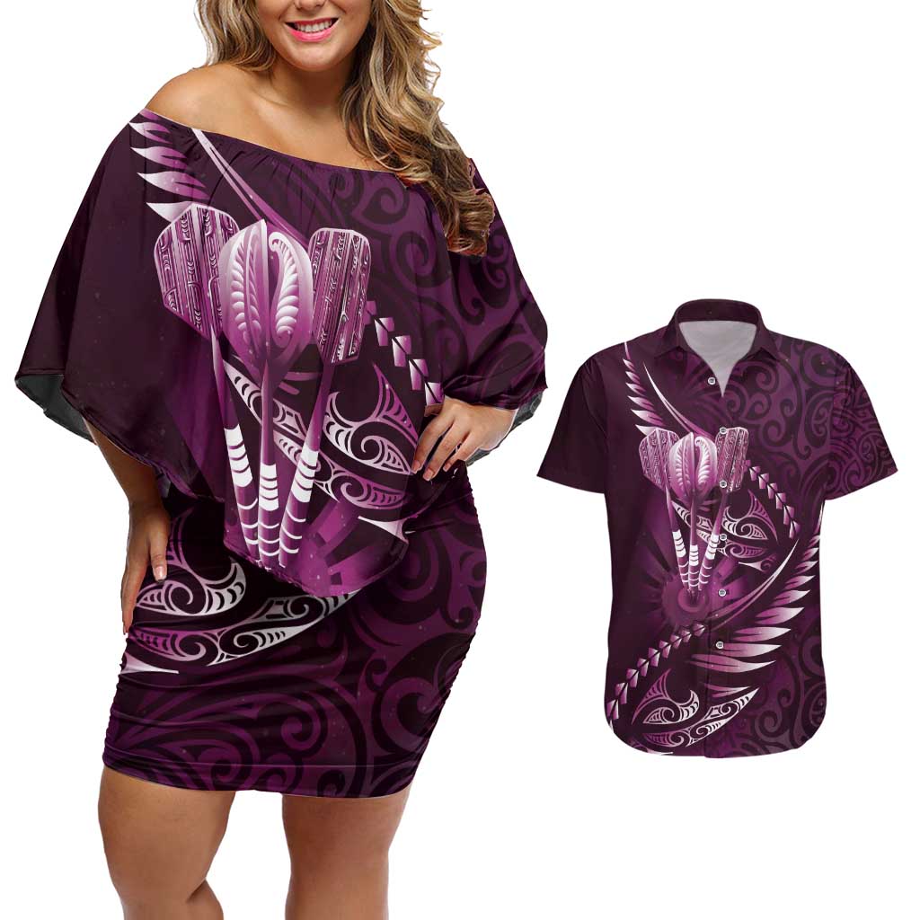 Personalised All Pink New Zealand Darts Couples Matching Off Shoulder Short Dress and Hawaiian Shirt Aoteroa Fern Maori Galaxy Style LT14 Pink - Polynesian Pride