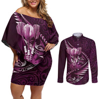 Personalised All Pink New Zealand Darts Couples Matching Off Shoulder Short Dress and Long Sleeve Button Shirt Aoteroa Fern Maori Galaxy Style LT14 Pink - Polynesian Pride