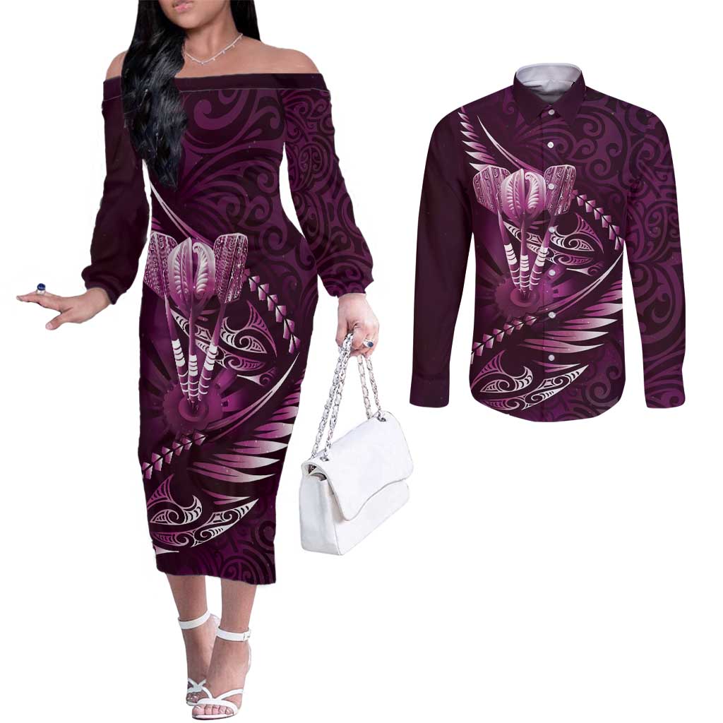 Personalised All Pink New Zealand Darts Couples Matching Off The Shoulder Long Sleeve Dress and Long Sleeve Button Shirt Aoteroa Fern Maori Galaxy Style