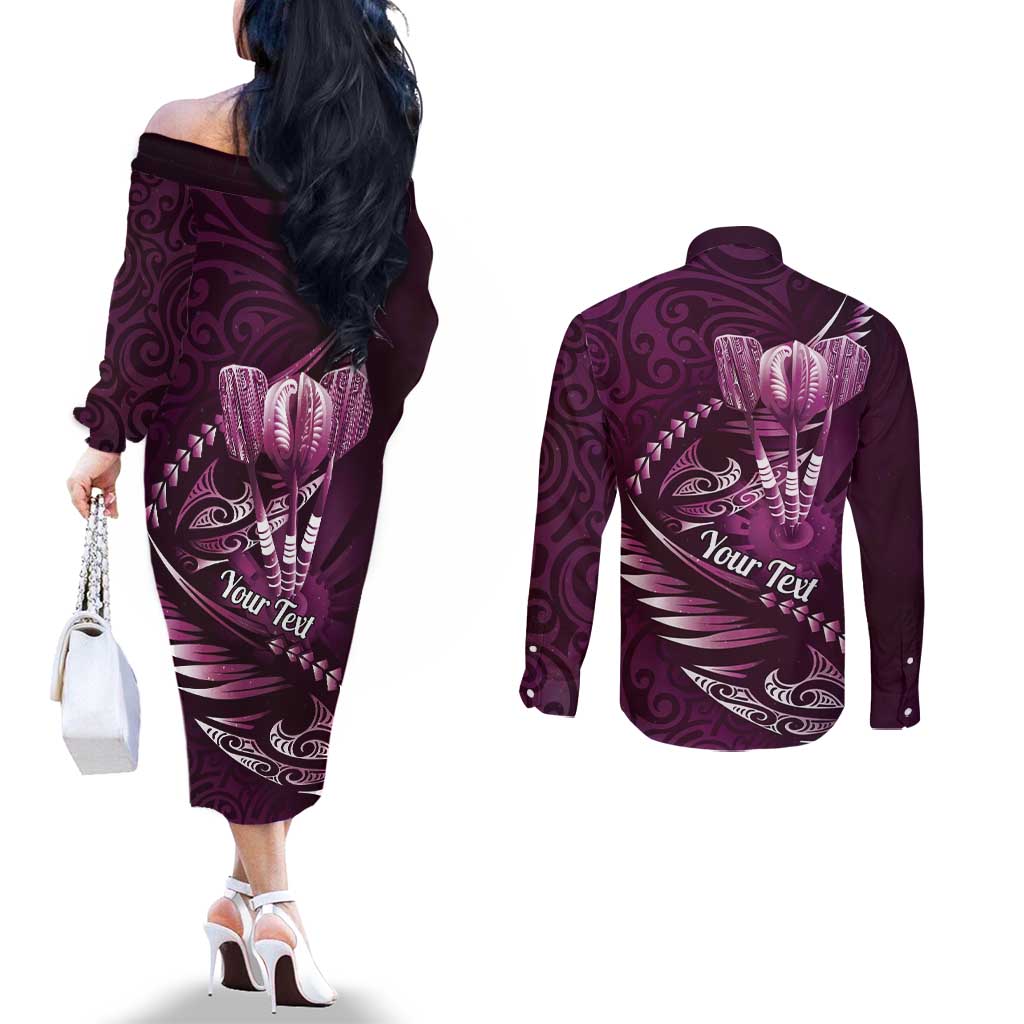Personalised All Pink New Zealand Darts Couples Matching Off The Shoulder Long Sleeve Dress and Long Sleeve Button Shirt Aoteroa Fern Maori Galaxy Style LT14 - Polynesian Pride