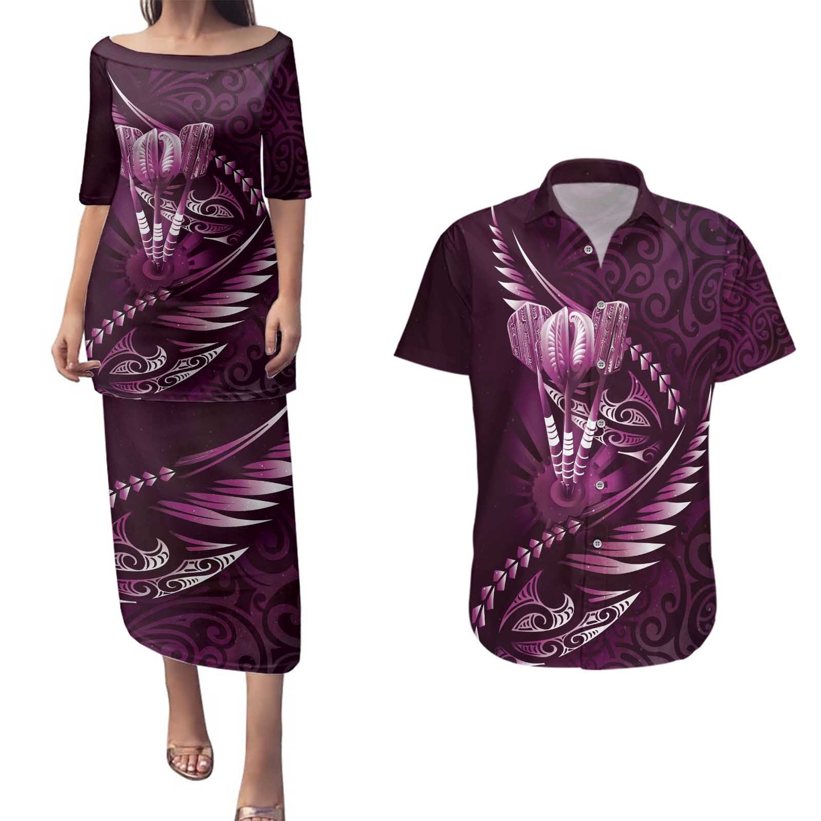 Personalised All Pink New Zealand Darts Couples Matching Puletasi and Hawaiian Shirt Aoteroa Fern Maori Galaxy Style