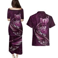Personalised All Pink New Zealand Darts Couples Matching Puletasi and Hawaiian Shirt Aoteroa Fern Maori Galaxy Style LT14 - Polynesian Pride
