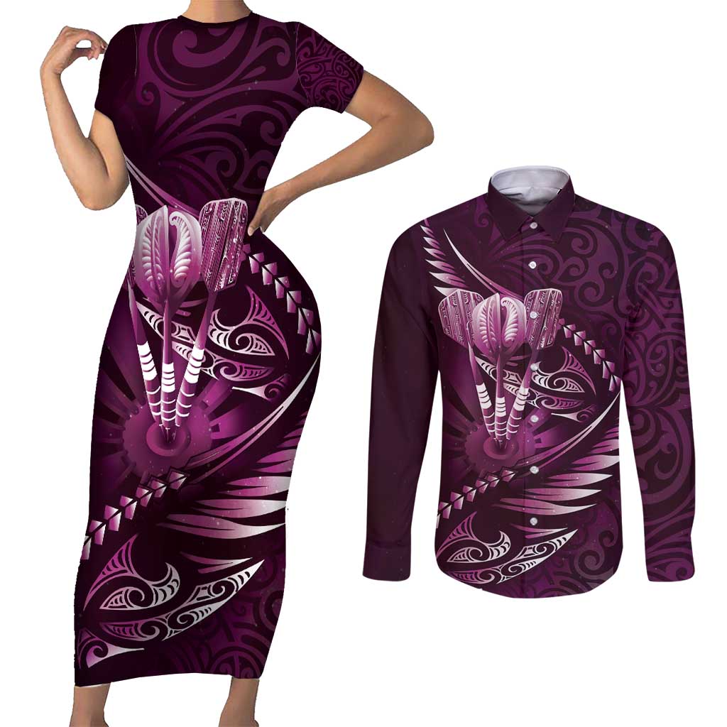 Personalised All Pink New Zealand Darts Couples Matching Short Sleeve Bodycon Dress and Long Sleeve Button Shirt Aoteroa Fern Maori Galaxy Style LT14 Pink - Polynesian Pride
