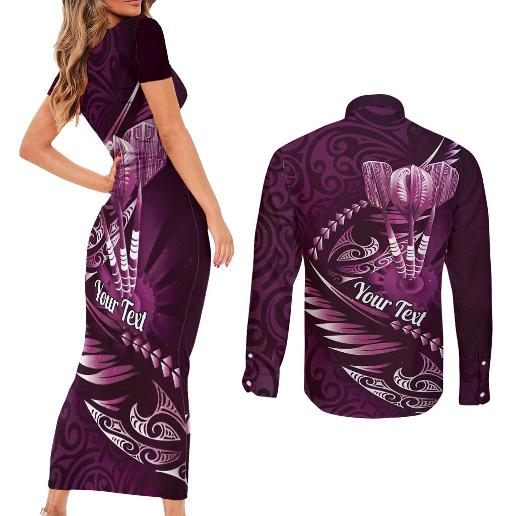 Personalised All Pink New Zealand Darts Couples Matching Short Sleeve Bodycon Dress and Long Sleeve Button Shirt Aoteroa Fern Maori Galaxy Style LT14 - Polynesian Pride