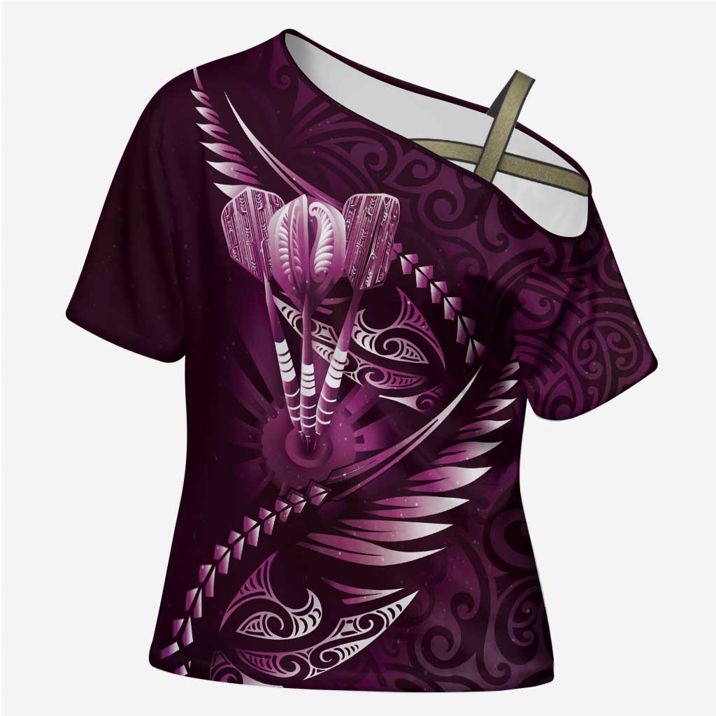 Personalised All Pink New Zealand Darts Cross Shoulder Shirt Aoteroa Fern Maori Galaxy Style LT14 Female Pink - Polynesian Pride