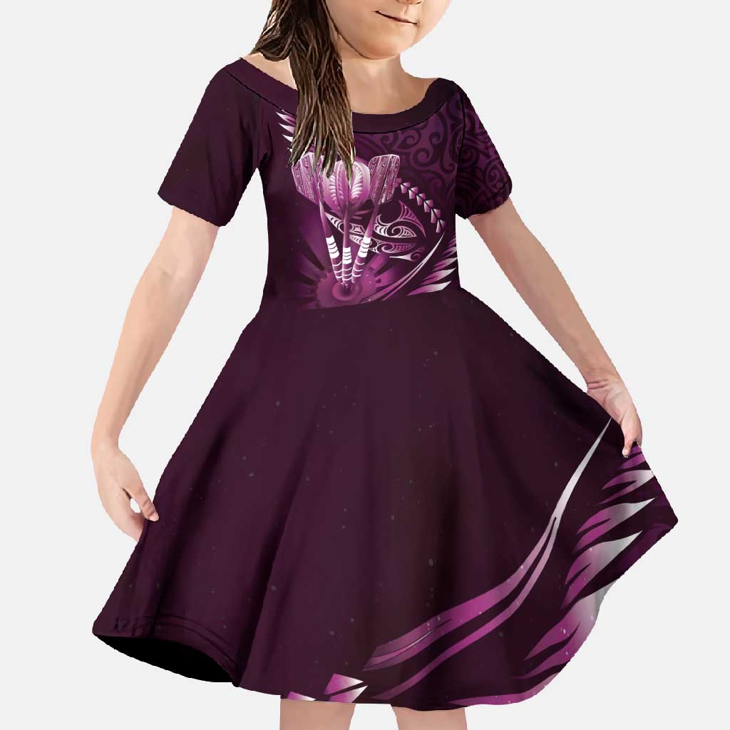 Personalised All Pink New Zealand Darts Family Matching Long Sleeve Bodycon Dress and Hawaiian Shirt Aoteroa Fern Maori Galaxy Style LT14 Daughter's Dress Pink - Polynesian Pride
