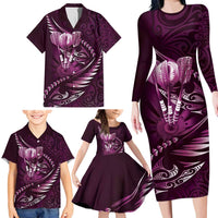 Personalised All Pink New Zealand Darts Family Matching Long Sleeve Bodycon Dress and Hawaiian Shirt Aoteroa Fern Maori Galaxy Style LT14 - Polynesian Pride