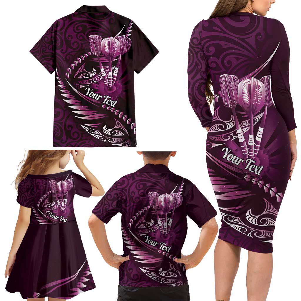 Personalised All Pink New Zealand Darts Family Matching Long Sleeve Bodycon Dress and Hawaiian Shirt Aoteroa Fern Maori Galaxy Style LT14 - Polynesian Pride