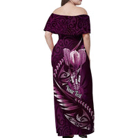 Personalised All Pink New Zealand Darts Family Matching Off Shoulder Maxi Dress and Hawaiian Shirt Aoteroa Fern Maori Galaxy Style LT14 - Polynesian Pride