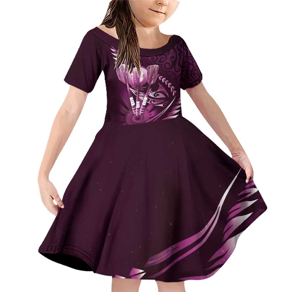 Personalised All Pink New Zealand Darts Family Matching Off Shoulder Short Dress and Hawaiian Shirt Aoteroa Fern Maori Galaxy Style LT14 Daughter's Dress Pink - Polynesian Pride