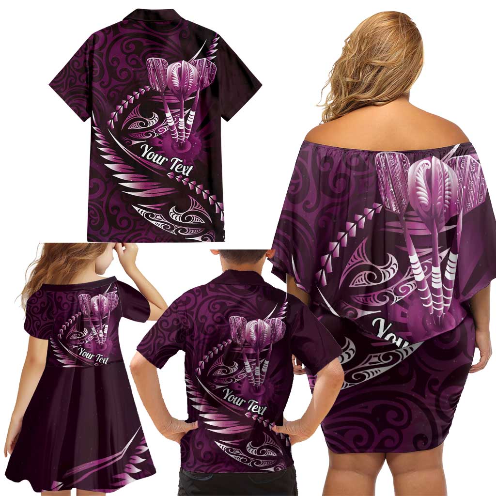 Personalised All Pink New Zealand Darts Family Matching Off Shoulder Short Dress and Hawaiian Shirt Aoteroa Fern Maori Galaxy Style LT14 - Polynesian Pride