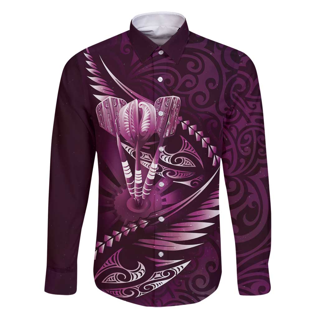 Personalised All Pink New Zealand Darts Family Matching Puletasi and Hawaiian Shirt Aoteroa Fern Maori Galaxy Style LT14 Dad's Shirt - Long Sleeve Pink - Polynesian Pride