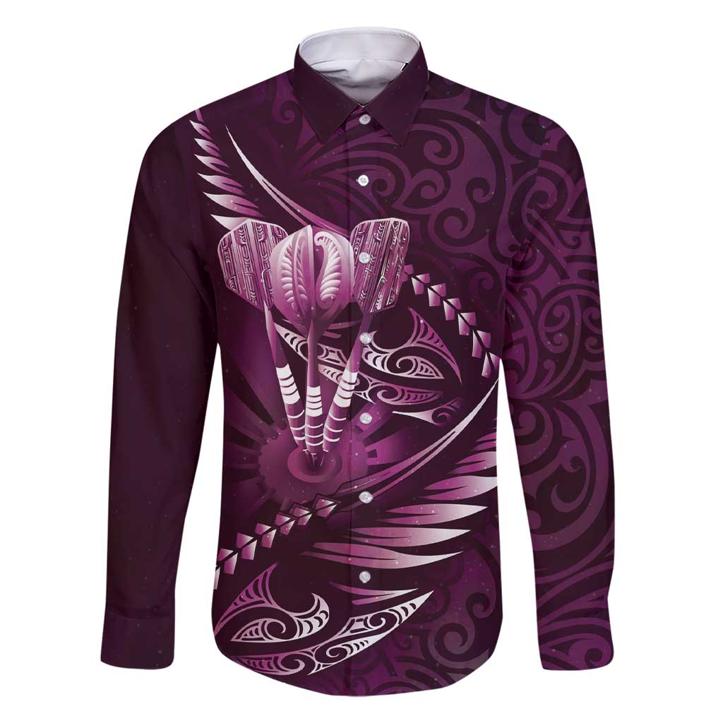Personalised All Pink New Zealand Darts Family Matching Short Sleeve Bodycon Dress and Hawaiian Shirt Aoteroa Fern Maori Galaxy Style LT14 Dad's Shirt - Long Sleeve Pink - Polynesian Pride