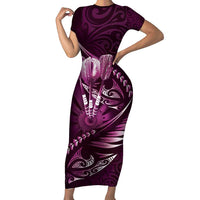 Personalised All Pink New Zealand Darts Family Matching Short Sleeve Bodycon Dress and Hawaiian Shirt Aoteroa Fern Maori Galaxy Style LT14 Mom's Dress Pink - Polynesian Pride