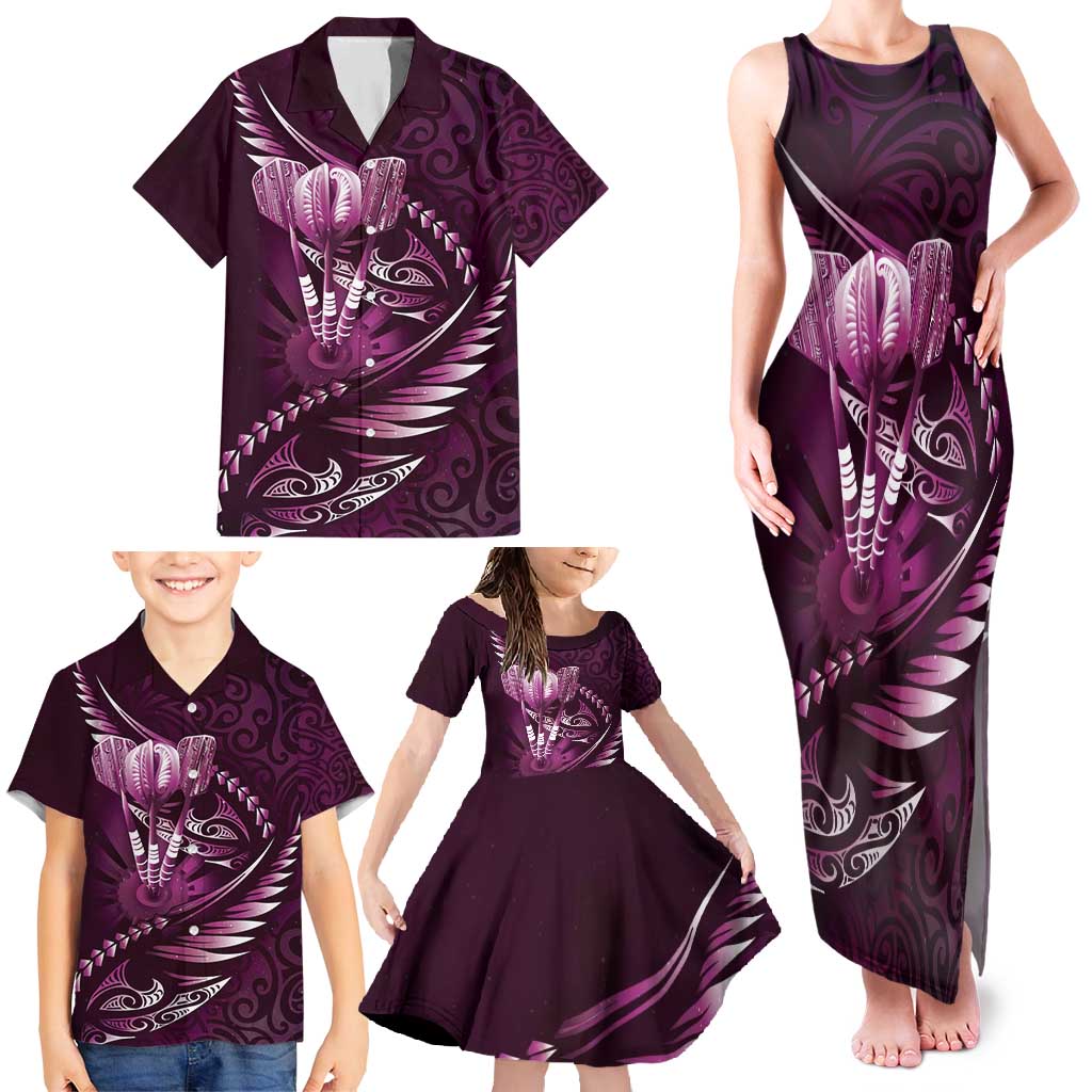 Personalised All Pink New Zealand Darts Family Matching Tank Maxi Dress and Hawaiian Shirt Aoteroa Fern Maori Galaxy Style LT14 - Polynesian Pride