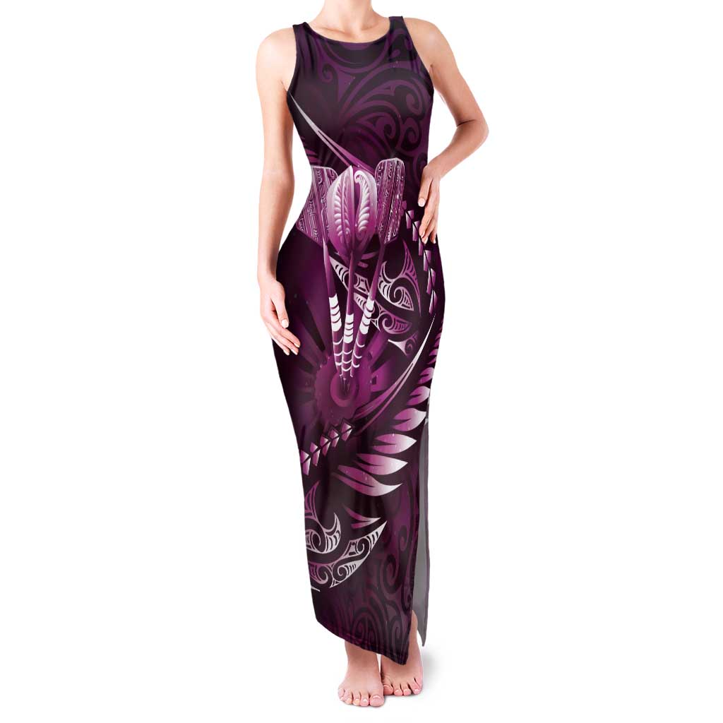Personalised All Pink New Zealand Darts Family Matching Tank Maxi Dress and Hawaiian Shirt Aoteroa Fern Maori Galaxy Style LT14 Mom's Dress Pink - Polynesian Pride