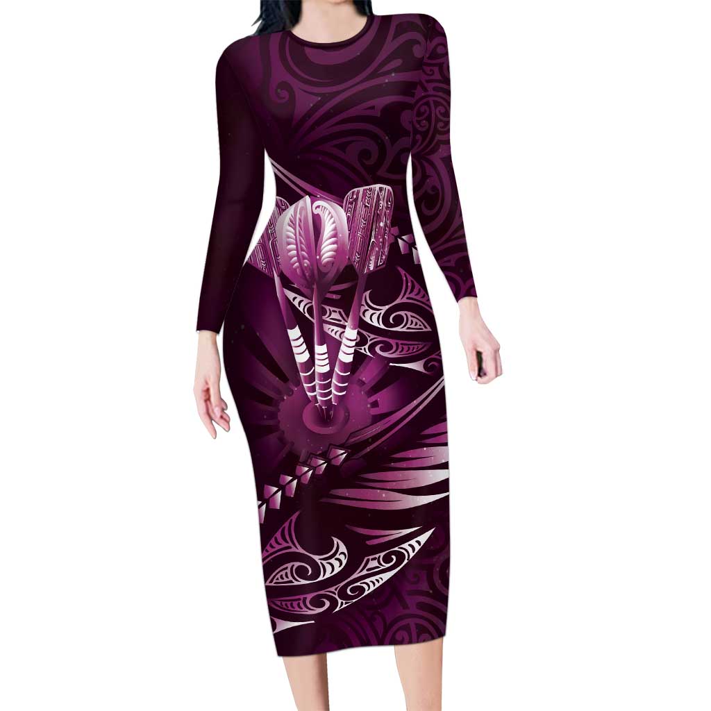 Personalised All Pink New Zealand Darts Long Sleeve Bodycon Dress Aoteroa Fern Maori Galaxy Style LT14 Long Dress Pink - Polynesian Pride