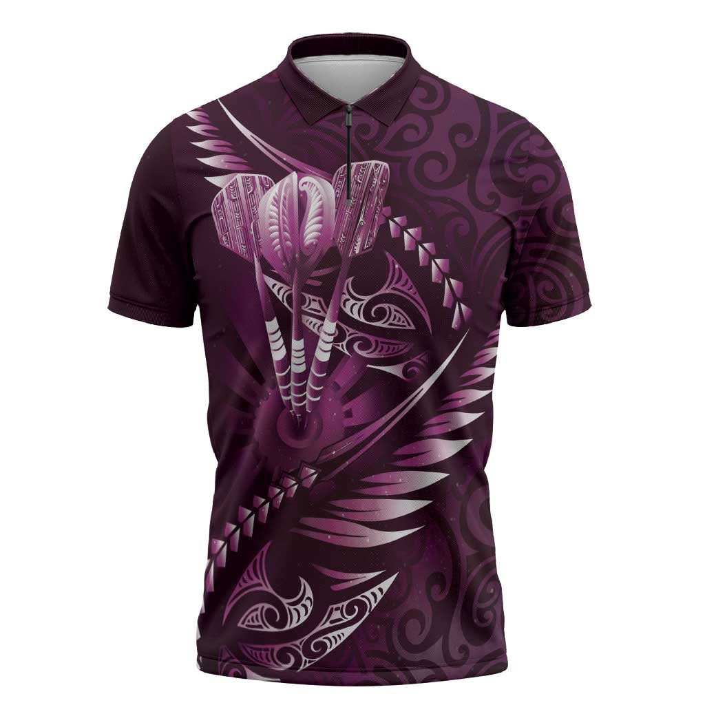 Personalised All Pink New Zealand Darts Zipper Polo Shirt Aoteroa Fern Maori Galaxy Style LT14 Pink - Polynesian Pride