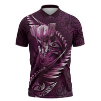 Personalised All Pink New Zealand Darts Zipper Polo Shirt Aoteroa Fern Maori Galaxy Style LT14 Pink - Polynesian Pride
