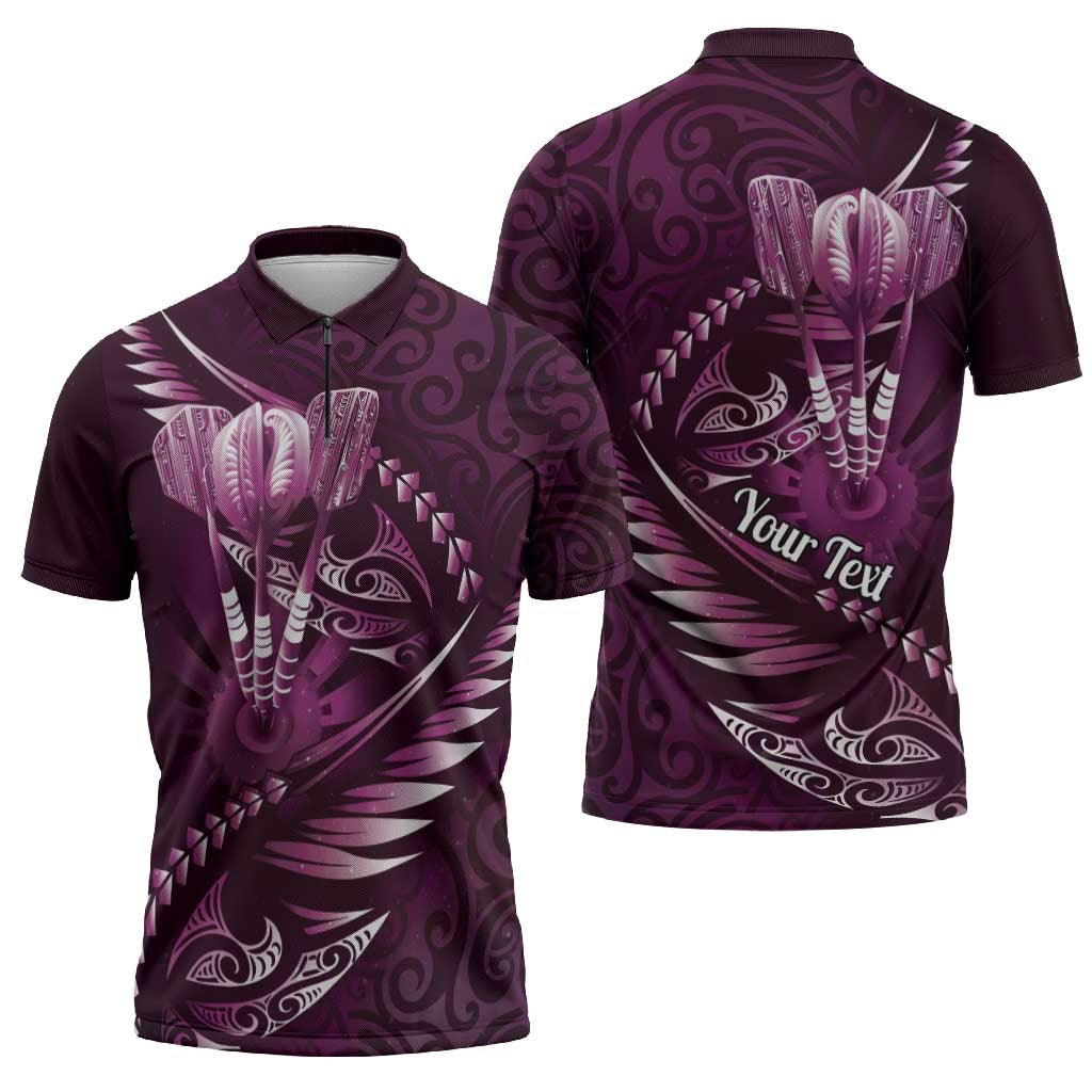 Personalised All Pink New Zealand Darts Zipper Polo Shirt Aoteroa Fern Maori Galaxy Style LT14 - Polynesian Pride