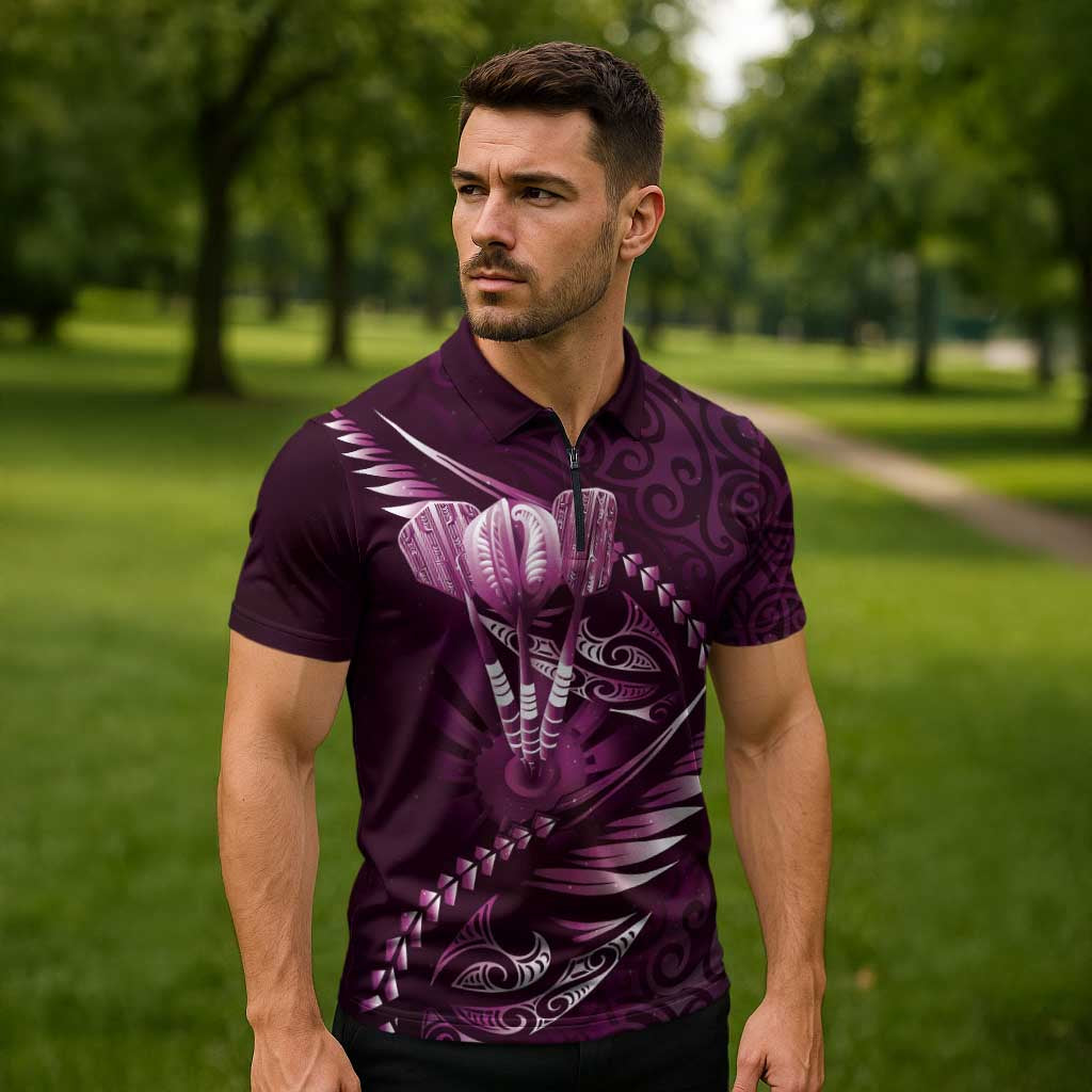 Personalised All Pink New Zealand Darts Zipper Polo Shirt Aoteroa Fern Maori Galaxy Style LT14 - Polynesian Pride