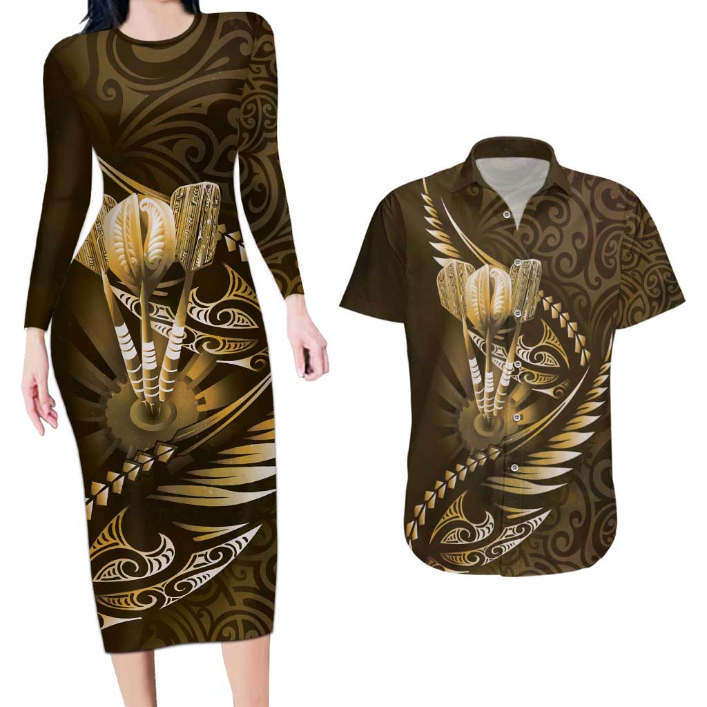 Personalised All Gold New Zealand Darts Couples Matching Long Sleeve Bodycon Dress and Hawaiian Shirt Aoteroa Fern Maori Galaxy Style LT14 Gold - Polynesian Pride