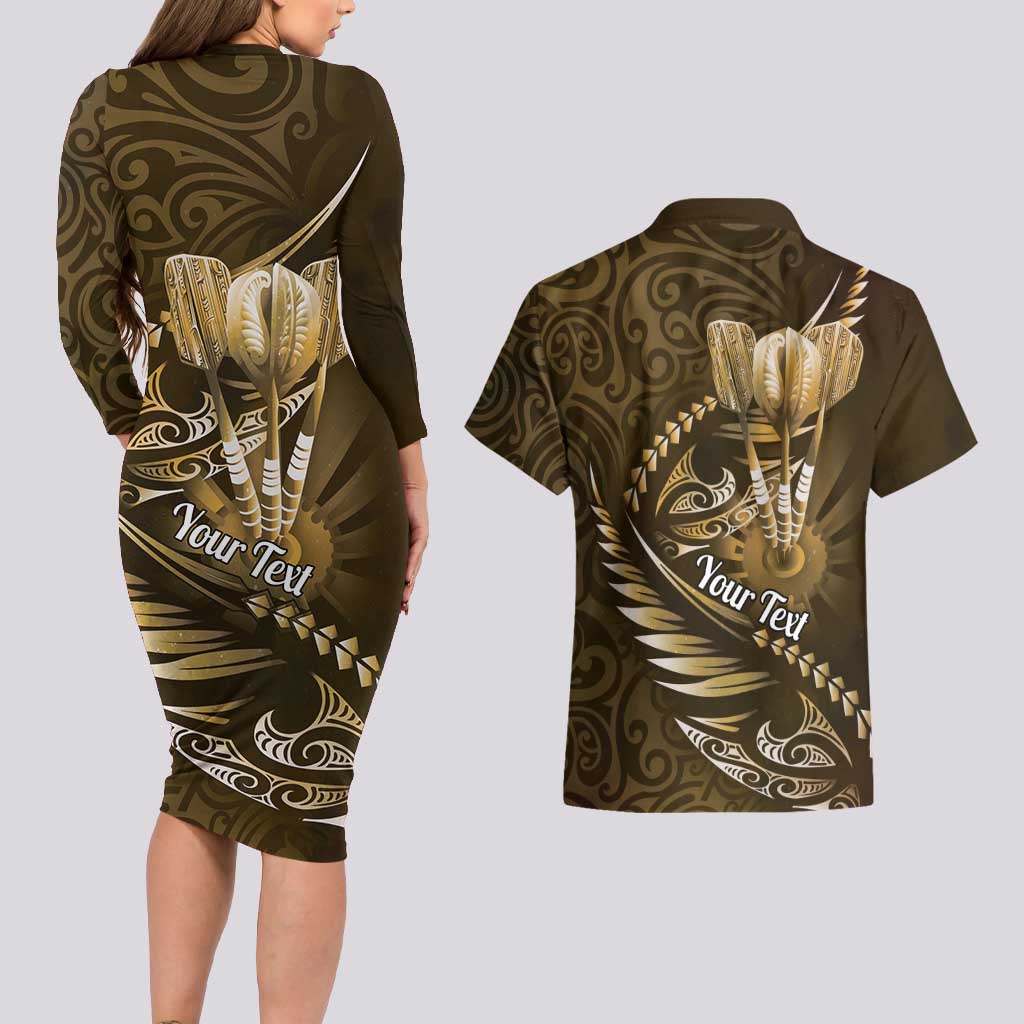 Personalised All Gold New Zealand Darts Couples Matching Long Sleeve Bodycon Dress and Hawaiian Shirt Aoteroa Fern Maori Galaxy Style LT14 - Polynesian Pride