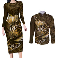 Personalised All Gold New Zealand Darts Couples Matching Long Sleeve Bodycon Dress and Long Sleeve Button Shirt Aoteroa Fern Maori Galaxy Style LT14 Gold - Polynesian Pride