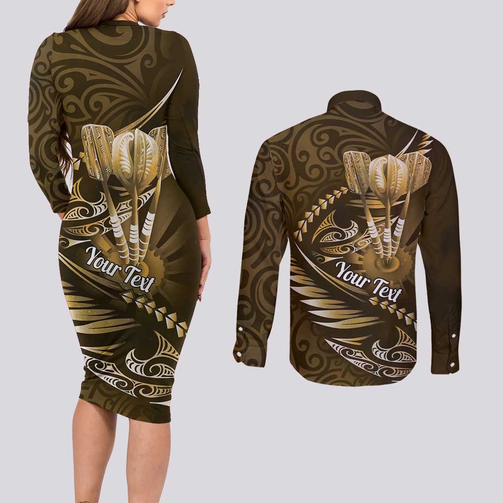 Personalised All Gold New Zealand Darts Couples Matching Long Sleeve Bodycon Dress and Long Sleeve Button Shirt Aoteroa Fern Maori Galaxy Style LT14 - Polynesian Pride