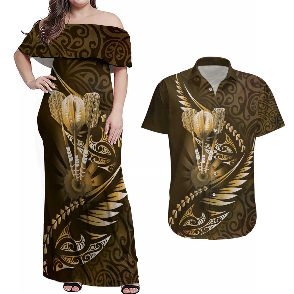 Personalised All Gold New Zealand Darts Couples Matching Off Shoulder Maxi Dress and Hawaiian Shirt Aoteroa Fern Maori Galaxy Style LT14 Gold - Polynesian Pride